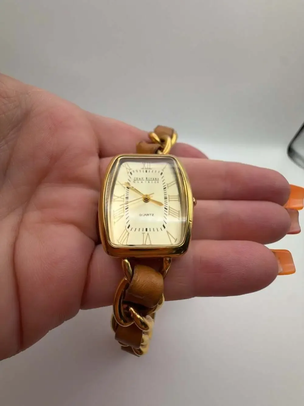Joan Rivers Classics Collection Gold Tone Tonneau Quartz Watch with Tan Leather